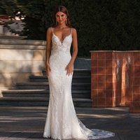 Sexy Mermaid Wedding Dress V-neck Spaghetti Applique Sleeveless Boho Floor Length Bridal Gown Beach robe de mariée