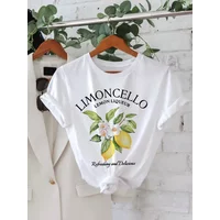 Lemon Letter Print T-shirt Short Sleeve Crew Neck Casual Top for Summer Women Kawaii Streetwear Graphic Tees Vintage Fruit Shirt