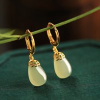 Natural jade earring water drop sterling silver new Chinese style gold inlaid jade birthday gift for women