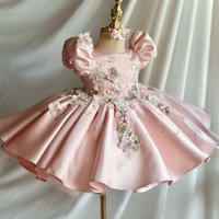 Pink Satin Flower Girl Dresses Princess 3D Floral Customized Appliqued Beading Girls First Birthday Party Gowns Pageant Dress