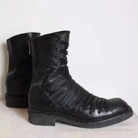 Dark Binding Mid Calf Boot Slim Combat Workwear High Top Boot Round Toe Back Zipper Black Leather Woven Cool Motorcycle Boots