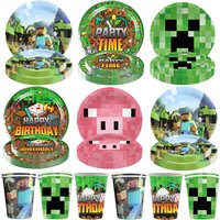 Heißes Spiel PixelMiner Teller-Becher-Tischdecke Geschenktüte Geschirr-Set Ballon-Set Jungen-Geburtstagsparty-Dekoration Kinder-Gastgeschenke Babyparty