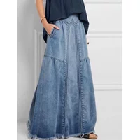 Women Denim Long Skirts Loose A Line Elastic High Waist Skirt Solid Pockets Jeans Casual Elegant Office Lady Autumn 2024