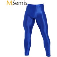 Men Elastic Waistband Skinny Shiny Yoga Tights Pants Solid Color Leggings Exercise Running Gym Fitness Training Sportswear