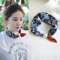 Spring Summer Thin Pearl Silk Scarves Magnetic Buckle Lazy Scarf Women Girls Sweet Elegant Pendant Collarbone Chain Neck Scarf