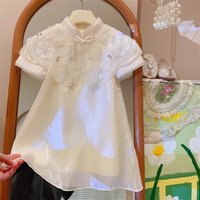 Summer New Chinese Style Elegant White Lace Flower Embroidered Short Sleeve Dress Sweet Girl's Clothes 2-7 Year Old Cheongsam