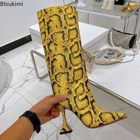 2026 Women's Snake Pattern Wine Glasses Heels Boots Pointy Toe Side Zipper Knee High Boots Runway Sexy Fashion Cool Girl Shoes