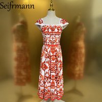 Seifrmann 2026 Summer Women's New Fashionable Square Neck Short Sleeve Cotton Printed Waist cinching Mid length Dress