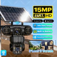 15MP 8K Wifi IP Camera Three Lenses Solar Outdoor Waterproof Camera Night Vision Two-Way Audio Human Detect Security Cam CCTV