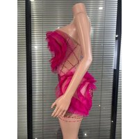 Fuchsia 3D Heart Tulle Rhinestone Sheer Mesh Bodycon Party Dress for Women