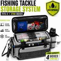 Fishing Tackle Storage Bag Fits 4×3700 Boxes, Waterproof Fishing Gear Organizer with Rod Holder for Bass Trout Saltwater Fishing