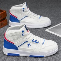 Men's Classic White High-Top Sneakers, Blue & Red Accent Breathable Streetwear Shoes