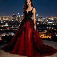 Red Tulle Black Lace Ball Gown Wedding Dress Sweetheart Corset With Train Formal Evening Bridal Party Gown Customized