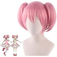 Kaname Madoka Wig Synthetic Pink Short Double Ponytails Cosplay Anime Beautiful Wig Heat Resistant Hair Halloween Wig+Wig Cap