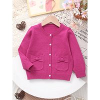 Baby Girl's Spring Thin Valentine's Day Style Gentle and Sweet Double-Pocket Cardigan with 3D Bow Design and Knitted Round Neck