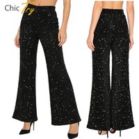 Womens Jazz Dance Pants Stage Performance Party Costume Clubwear Shiny Sequined Velvet High Waist Long Pants Flared Trousers