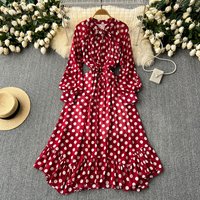 Retro Elegant Pleated Puff Sleeves dot sweet Dress Beach Vacation Casual Women A-LINE chiffon Fashion Summer basics Dresses
