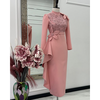 Pearl Pink Tea-length Mother of the Bride Dresses Long Sleeve Applique Customized Jersey Bespoke Wedding Party Gown