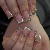 24Pcs French Short Square White Reusable False Nail Tips with Rhinestone Star Chain Nude Pink Acrylic Lovely Nails Fashion Set