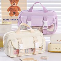 1pcs Double-Buckle Step Design Pencil Case Pen Bag Beige Plaid Toast-Shaped Handheld Bag Multi-Functional Stationery A7946