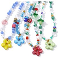 Yhpup Y2K Handmade Jewelry Simulated Pearls Glass Beads Chain Ceramic Flower Necklace Pendant Sweet Cute Fashion Accessories