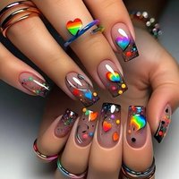 24pcs Rainbow Heart Press On Nails - Medium Square with Glitter Dots, Full Cover False Nail Tips for Pride & Party Wear
