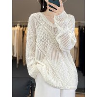 Light Luxury 100% Merino Woo Women Sweater Autumn Winter Hollow Out Knitted Pullover Long Sleeve Dot Soft Cashmere Odzież Tops