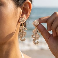 Maximalist Mermaidcore Jewelry Imitation Pearl Shell Stud Seahorse Dangle Earrings Summer Beach Rhinestone Ocean Animal Drop