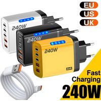 240W GaN USB C Fast Charger 5 Ports PD QC 3.0 Adapter with LED Light For iPhone 16 15 17 Pro Samsung Xiaomi Huawei Phone Laptop