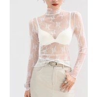 Sexy Sheer Mesh Long Sleeve Layering Top for Women Mock Neck Floral Lace Tshirt See Through Tee Shirt Blouse