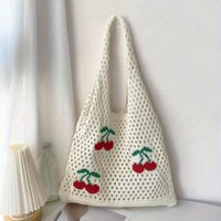 Cherry Knitted Hollow Underarm Shoulder Bag,Embroidered Pattern Handbag,Summer Solid Color Women's Tote Bag