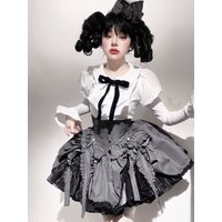 Lolita High Waist Skirt Set Striped Wednesday Lolita Puff Skirt Gothic Style Shirt+Mini Skirt 2 Piece Sets Womens Outfits Autumn