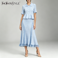 TWOTWINSTYLE Solid Slimming Two Piece Set for Women Lapel Short Sleeves Top Patchwork Elastic Waist Skirt Sets Female New Style