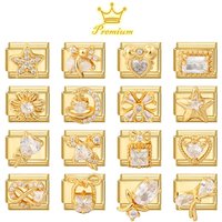 Romantic Golden High Quality DIY Zircon Italian Charm Bracelet Star Heart Bow Moon Bead Fit 9mm Bracelet Stainless Steel Jewelry