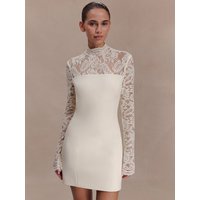 Mozision Women Elegant Lace Patchwork Sexy Mini Dress Fashion High Neck Long Flare Sleeve Backless Bodycon Club Party Dresses