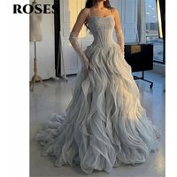 ROSES Silver Gray Evening Dress with Beaded Floral Embroidery Formal Gown Ruffled Organza Night Dresses Prom Dresses Customized