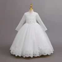 Custom Flower Girl Dress for Wedding First Christmas Party with Long Lace Sleeves Embroidered Bodice and Hem Tulle Ball Gown