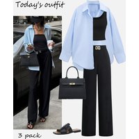 Women's Three-Piece Set: Shirt, Tank Top & Wide-Leg Pants, Light Blue & Black Color Block, Casual Commute Layering Outfit