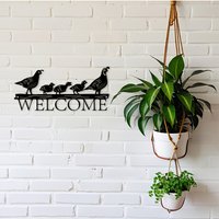 2D Flat, 1pc Metal Wall Decor - Farmhouse Style Welcome Sign with Quail Family Silhouette