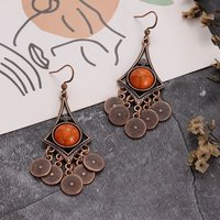 Ethnic Orange Stone Indian Dangle Earrings for Women Geometric Carved Round Tassel Earrings Vintage Statement Accessories