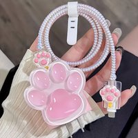 New Girl Pink Cute Cat Print Data Cable Protection Cover 20w Suitable for Apple iPhone Fast Charging Case Charger