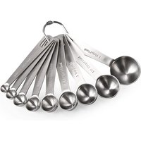 Stainless steel measuring spoon set, including American and metric measuring spoons, for measuring dryness and liquid compositio