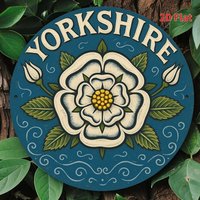 2D flat, 1-person Yorkshire white rose wooden logo - retro blue and white floral design, perfect room decoration