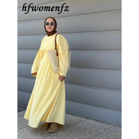 Office Lady Pleated Women's Dress O-neck Full Sleeve Waist-closed Lace-up Pockets Big Hem Dresses 2026 Summer Chic Female Robe