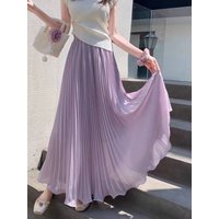 2025 Summer Pleated Chiffon Skirt Women's High-Waisted Flowy A-Line Maxi Skirt Beach Vacation Dress