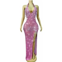 Luxury Pink Blue Red Rhinestones Crystals Chain Heavy Gowns Sexy V-neck Backless Dress Women Party Show Photoshoot Stage Wear