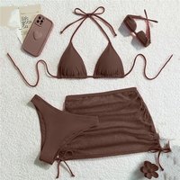 Solid Brown Swimwears String Halter Triangle 3 Piece Bikini Set Sexy Swimsuit Women 2026 Mesh Skirts Bathing Suit Bikinis Dames