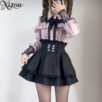 Japanese Style Jirai Kei Gothic Lady Lolita Black Ruffle Women Blouse Long Sleeve Lace Top Kawii Bow Shirt Gown Y2k 2025 Summer