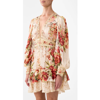 Crystal Beaded Women Rose Print Dress V-Neck High Waist Long Sleeve Single Breasted Elegant Ladies 100% Silk Mini Robe