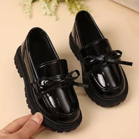 Kids Uniform Shoes Black Glossy for School Girls Performance Shoes Simple Bows 2025 Spring Autumn Children Flat Shoes Round Toes